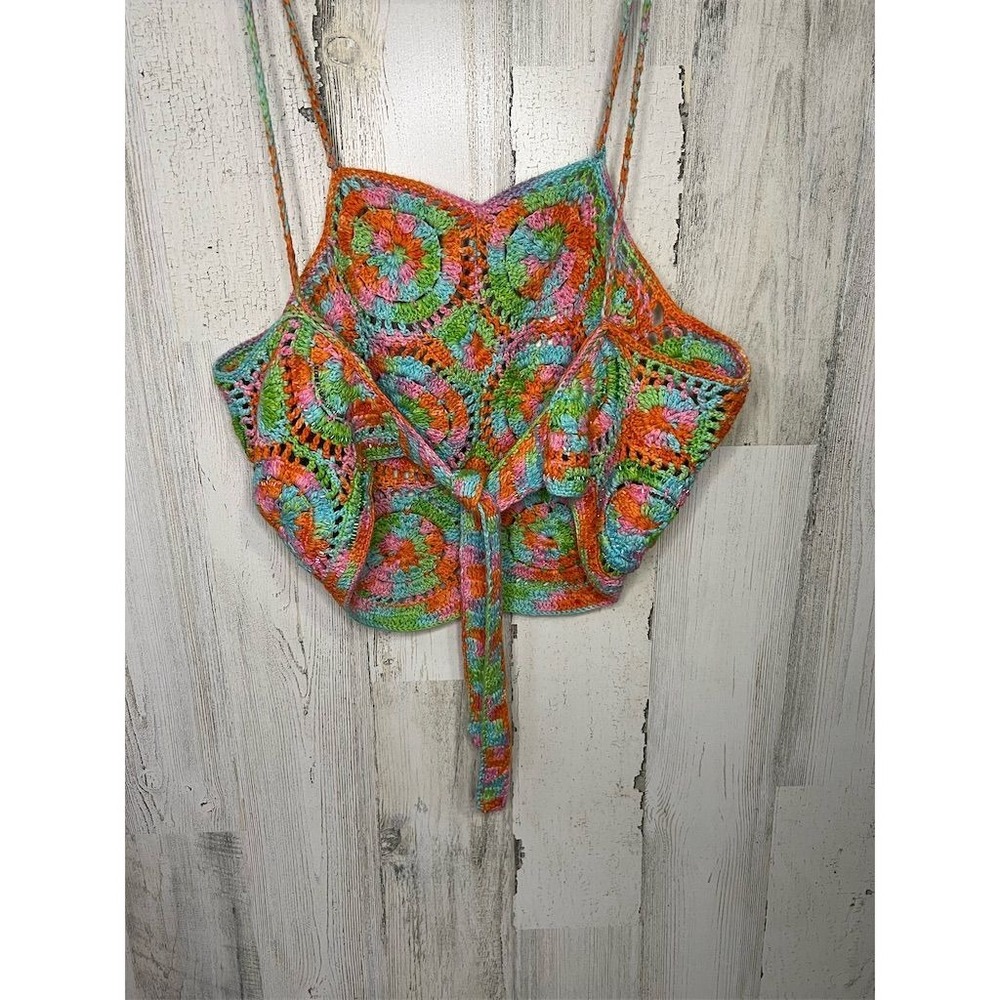 Brenda Thomson Crochet Halter Crop Top Multi Color Beaded Boho Festival Womens - Picture 6 of 8